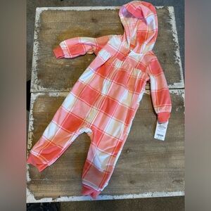 NEW Baby Girl Plaid Hooded Zip-Up Fleece Jumpsuit Coral Plaid 9m 9 months FLAW